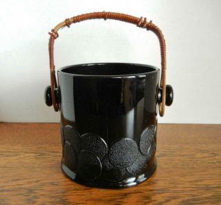 Fenton Black Ebony Glass Macaroon Cookie Jar With Rattan Handle No Lid