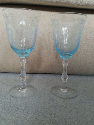 2 Fostoria Navarre Blue Crystal Etched Wine Water Glass Goblet 7 5/8 "