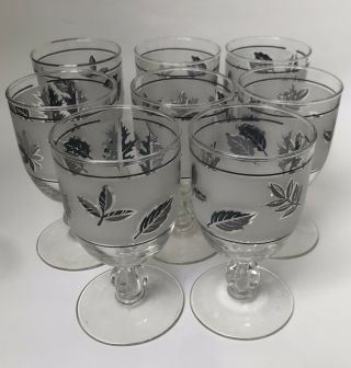 Vintage Mcm Set Of 8 Libbey Frosted Silver Leaf Wine Glasses