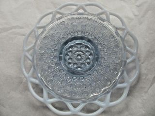Vtg Katy Blue Opalescent Imperial Glass Plate Open Lace Trim Cane & Button