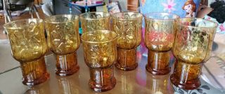 Vintage Amber Glassware Tumblers Drinking Glass Libbey Daisy Flowers Set Of 7