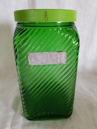 Vintage Green Ribbed Depression Glass Coffee Jar Container;7.  25 " T X 3.  5 " Sq.