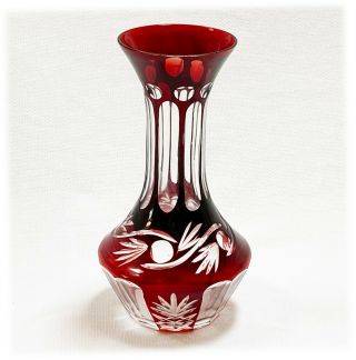 Vintage 7 " Czech Bohemian Crystal Cut To Clear Glass Dark Ruby Red Bud Vase