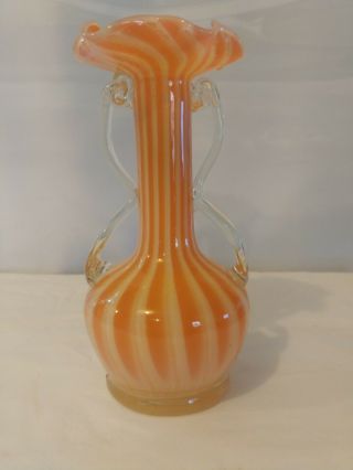Art Glass Vase 9” Hand Blown Striped White And Orange Fluted Ruffled Edge