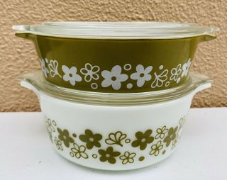 Vintage Pyrex Spring Blossom Green Crazy Daisy Set 471 472 Casserole Dish W/lids