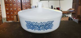 Federal Glass Milk Glass Blue Tulips 3 1/2 " Quart Large Covered Casserole Dish