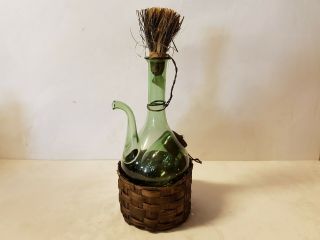 Vintage Hand Blown In Italy Green Glass Wine Decanter With Ice Chamber And Cane