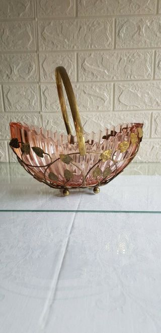 Vintage 1954 Sowerby Pink Ridged Boat Pressed Glass Fruit Bowl With Metal Stand