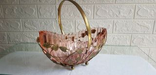 Vintage 1954 Sowerby Pink Ridged Boat Pressed Glass Fruit Bowl With metal Stand 2