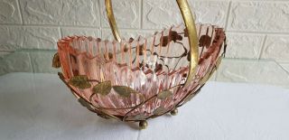 Vintage 1954 Sowerby Pink Ridged Boat Pressed Glass Fruit Bowl With metal Stand 3