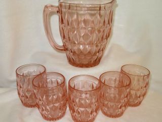 Vintage Jeanette Pink Windsor Diamond Depression Glass Pitcher And 5 Tumblers