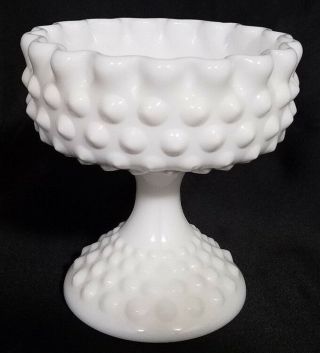 Vintage Fenton White Milk Glass Hobnail Pedestal Compote (circa 1950 