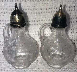 Cambridge Glass Chantilly Salt & Pepper Shakers Sterling Silver Floral Etched 1