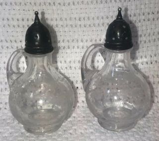 Cambridge Glass Chantilly Salt & Pepper Shakers Sterling Silver Floral Etched 3