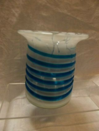 Mdina White Marbled Art Glass Vase With Blue Trailing And Seal