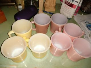 Eight (8) Fire King Coffee Cups,  Made In Usa.  Yellow And Pink,  D Handle