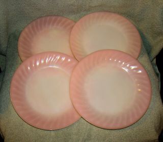 Vintage Set Of 4 Fire King Oven Ware Pink Swirl 9” Dinner Plates Made In Usa