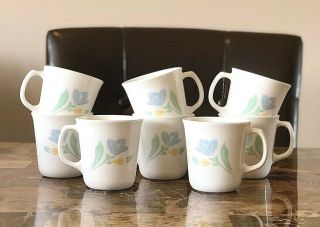Set Of 8 Corning Corelle Friendship Coffee Mugs Cups - Blue Yellow Flower Green