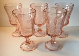 5 Vintage Pink Depression Glass Footed Water Wine Goblets Madrid Pattern
