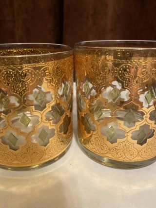 2 Vintage Culver Glass Valencia 22k Gold Green Diamond Low Ball Rocks Glasses