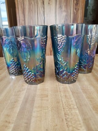 Vintage Indiana Glass Blue Iridescent Carnival Glass Harvest Grape Tumblers 4.
