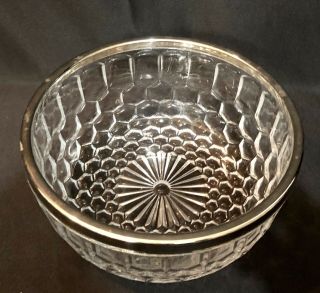Cut Glass Vintage Bowl Silver Rim Stamped England On Silver Honeycomb Design 3