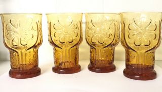 Vintage Libbey Amber Country Garden Daisy Flower 4 " Tall Juice Glasses Set Of 4