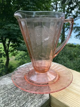 Antique Jeanette Pink Depression Floral Poinsettia Pitcher And 6” Plate.  Lovely