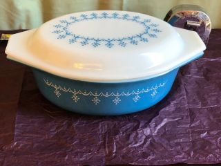 Vintage Pyrex Blue Snowflake Covered Casserole Dish