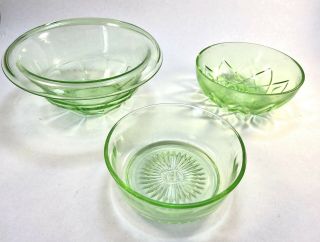 Vintage Hazel Atlas Vaseline Glass,  Set Of 3 Dishes Bowls,  Uranium Glass Green
