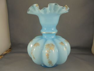 Unusual Vintage Fenton Glass Blue Ruffled Melon Vase W Gold Etched Roses 7 7/8 "