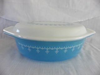 Vintage Pyrex Turquoise Blue Garland Snowflake Oval Casserole W/lid 2 1/2 Qt.