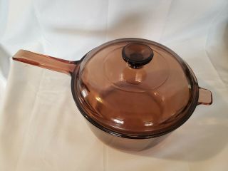 Corning Vision Ware Glass Sauce Pan Pot 2.  5 Liter W/lid Amber Pyrex Usa