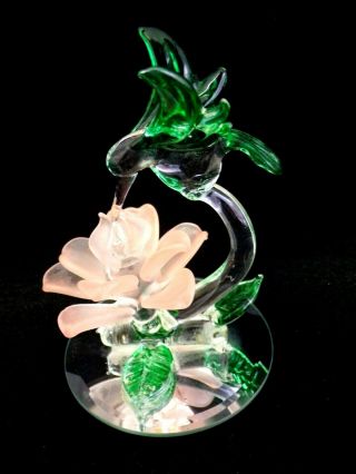 Vintage Hummingbird On Lotus Flower Hand Blown Glass Figurine 4.  3 " X 3 "