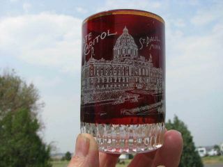 Rare Antique St Paul Minnesota The Capital Ruby Flash Glass Tumbler Glass