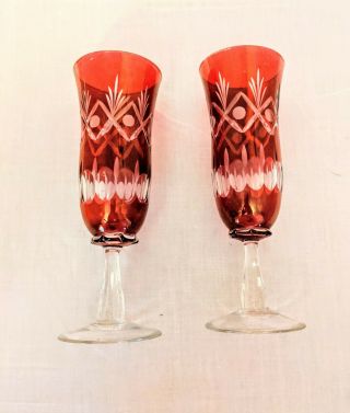 Two Vintage Bohemian Blown Champagne Glasses Ruby Red Cut To Clear 7 1/8 "