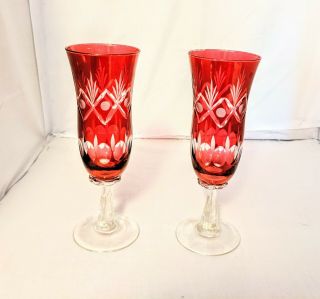 Two Vintage Bohemian Blown Champagne Glasses Ruby Red Cut To Clear 7 1/8 