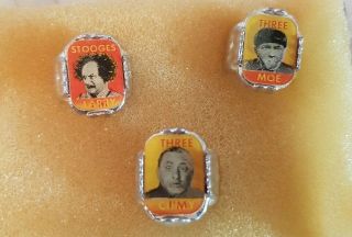 Set Of 3 Three Stooges Lenticular Vari - Vue Flicker Plastic Rings Curly Larry Moe