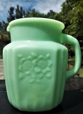Vintage Green Jadeite Milk Glass Pitcher W/ Floral Motif