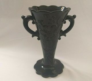 Vintage Black Amethyst Glass Double Handled Vase Embossed Flower Design Le Smith