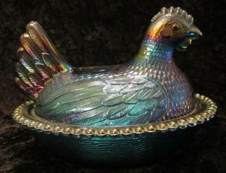 Indiana Carnival Glass Iridescent Blue & Green Hen On Nest Covered Candy Dish