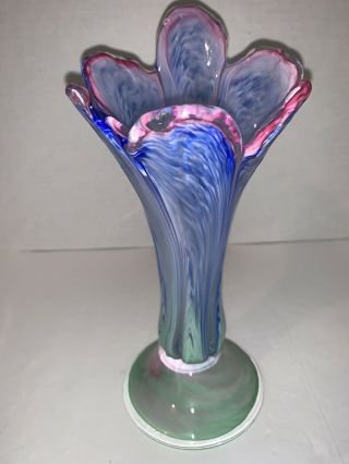 Vintage Art Glass Blue Pink Green Swirl Finger Vase