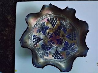 Vintage Carnival Glass 7 1/2 " Grape & Cable Colbalt Blue Ruffeled Bowl