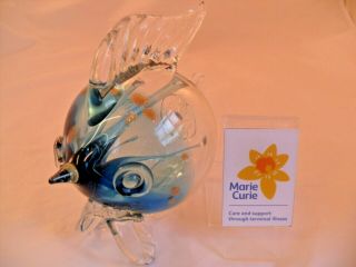 (nun) Large Sea Blue And Clear Abstract Style Hand Blown Glass Fish Murano