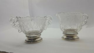 Cambridge Chantilly Sugar & Creamer With Marked Sterling Bases - Elegant Glass