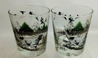 Set Of 2 Vintage Libby Springer Spaniel Hunting Dog Bar Whiskey Glasses.  Mcm