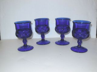 Vintage Cobalt Blue Kings Crown Tiara Thumbprint Set Of 4 Goblets 5 1/2 "