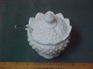 Vintage Fenton Milk Glass Hobnail Sugar Bowl W/ Label / Lid & Clear Glass Spoon