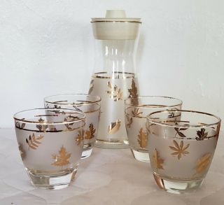 Set Of 4 Vintage Libbey Frosted Gold Leaf Glasses 3 " Tall With Pitcher