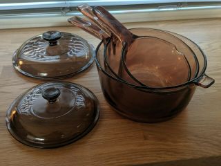 Pyrex Visions Amber Saucepan Pots 2.  5l,  1.  5l,  0.  7l Cookware Set,  Good Shape